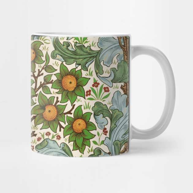 ORANGE TREE WITH BLUE GREEN LEAVES ,FLOWERS Soft Floral Art Nouveau Pattern by BulganLumini